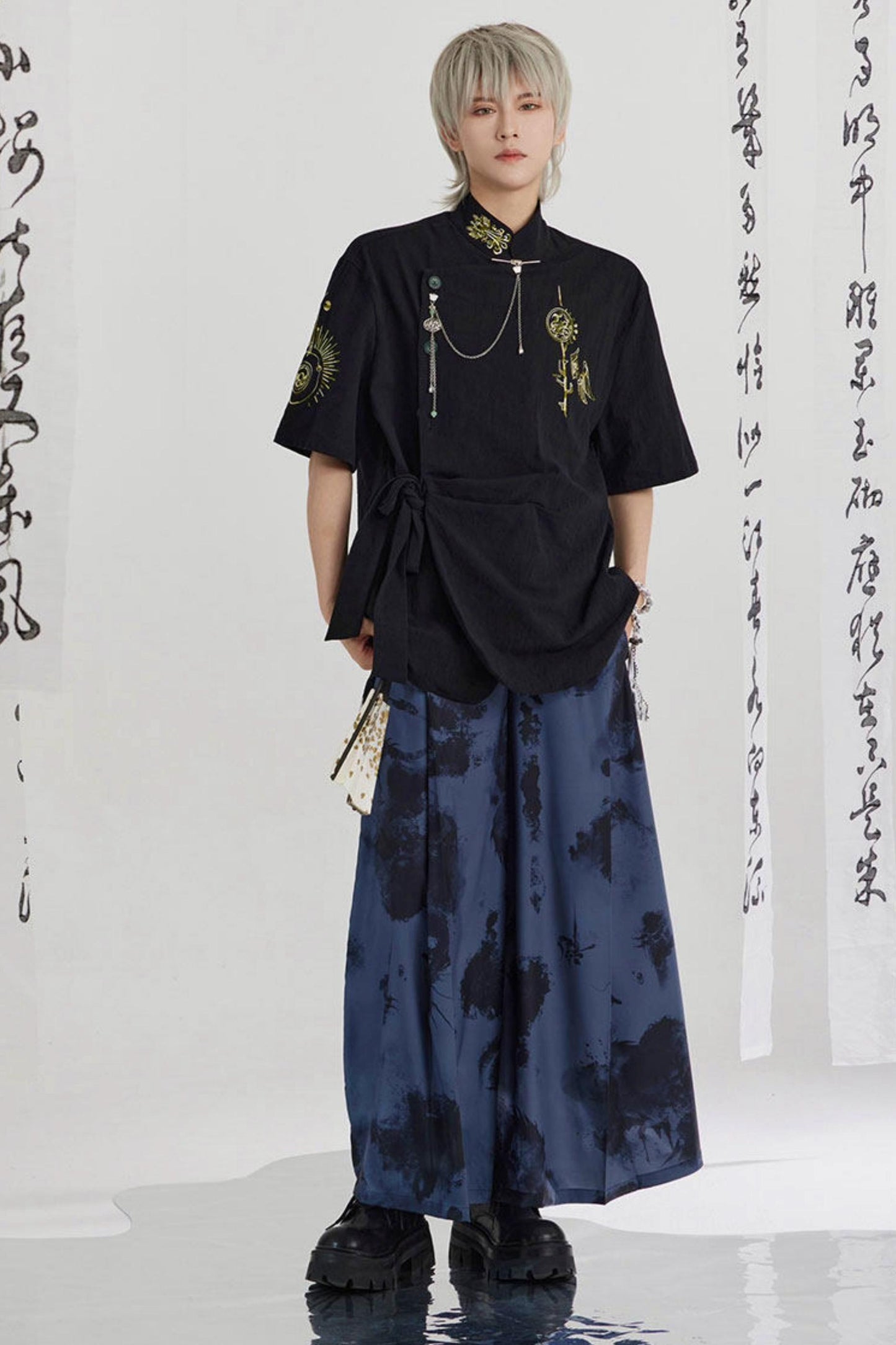 Black and Gold Oriental Ribbon Shirt + Chinese Wide-Leg Pants