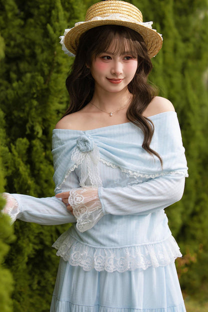 レースパッチワークオフショルダートップス+ロングスカート