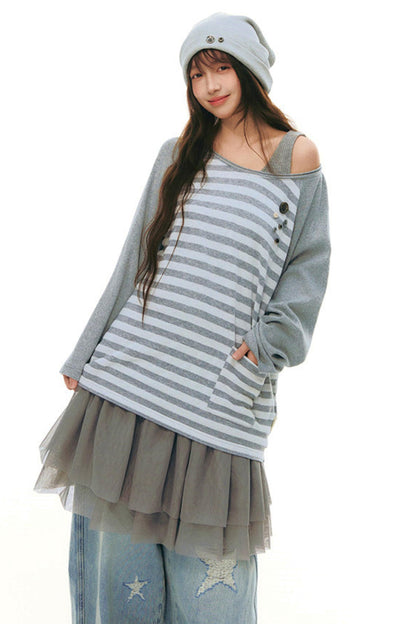 ボタンボーダーオフショルダートップス