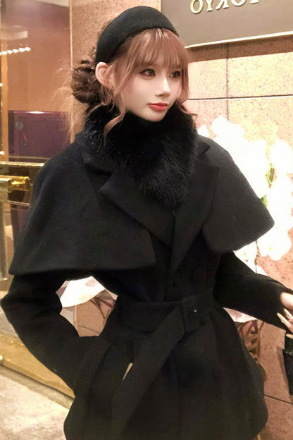Celebrity Fur Collar Cape Coat