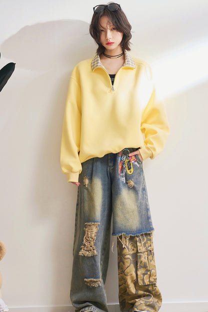 カジュアルハーフジップチェックスウェット