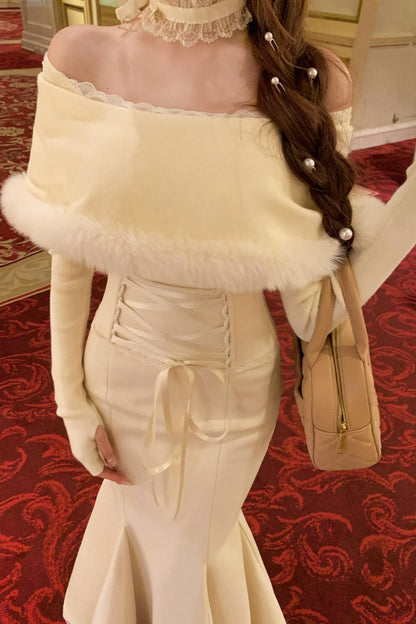 Elegant off-the-shoulder knit + mermaid skirt