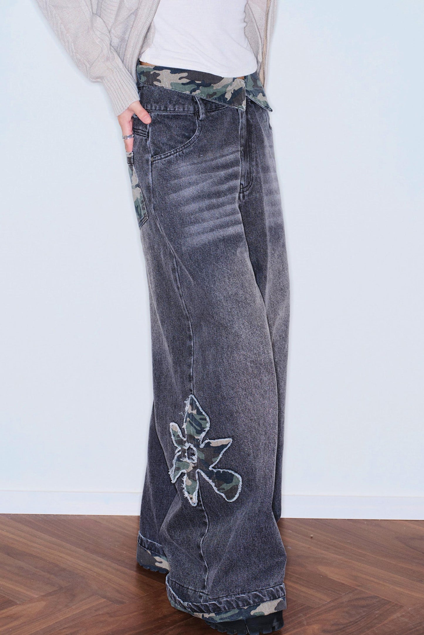 Camouflage Patchwork Embroidered Jeans