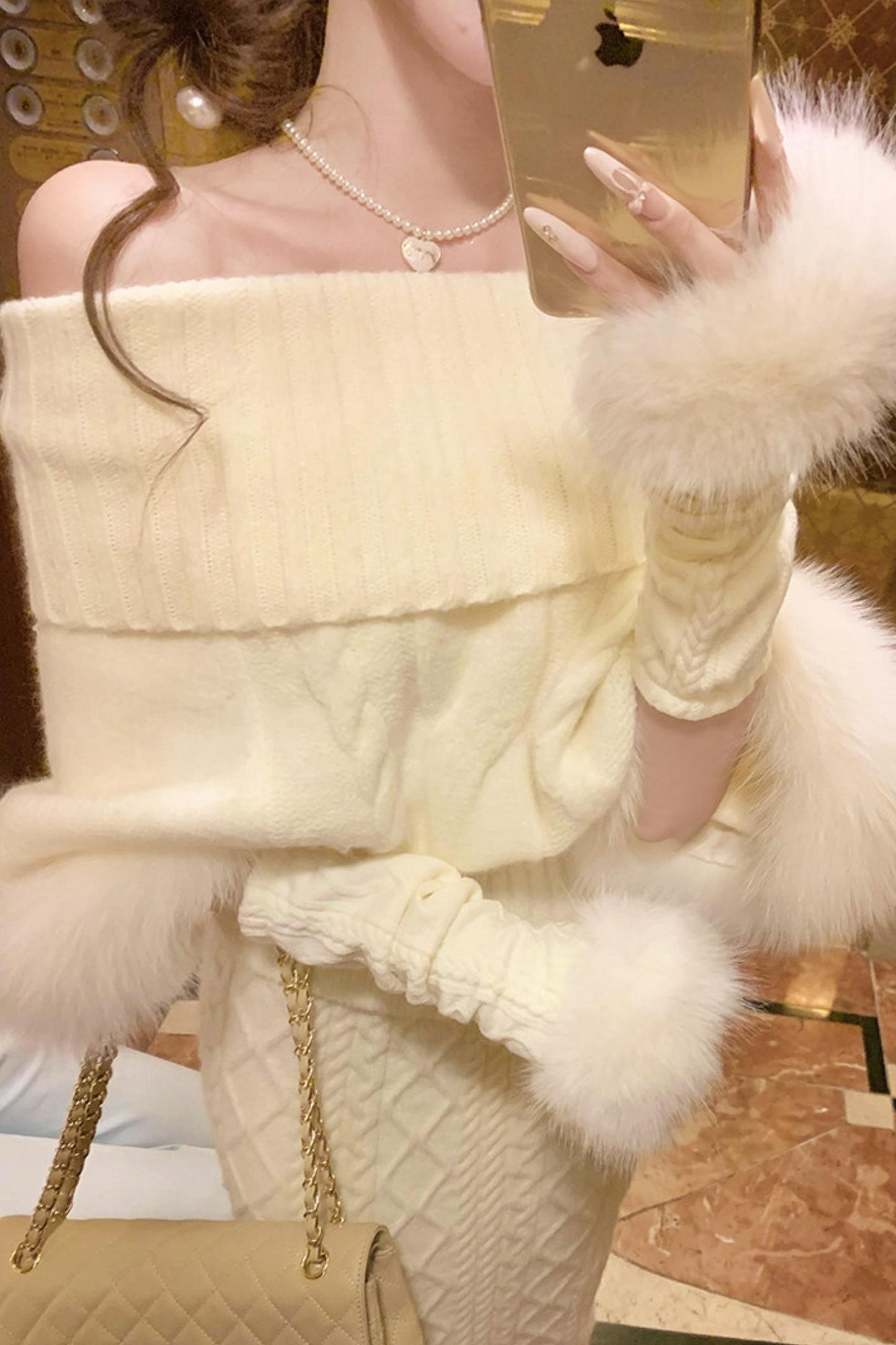 Fox Fur Trim Cape Sweater + Twisted Knit Bodycon Skirt