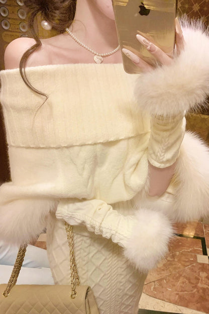 Fox Fur Trim Cape Sweater + Twisted Knit Bodycon Skirt