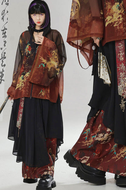 Gold Dragon Embroidered Choker Top (with Cups) + Chinese-Style Wide-Leg Pants