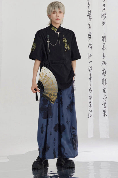 Black and Gold Oriental Ribbon Shirt + Chinese Wide-Leg Pants