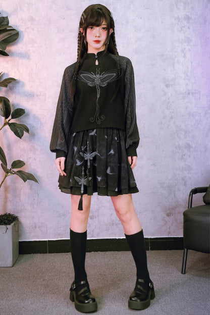 Embroidered Lantern Sleeve Top and Skirt + Top