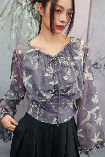 Top floral gris púrpura brumoso + falda