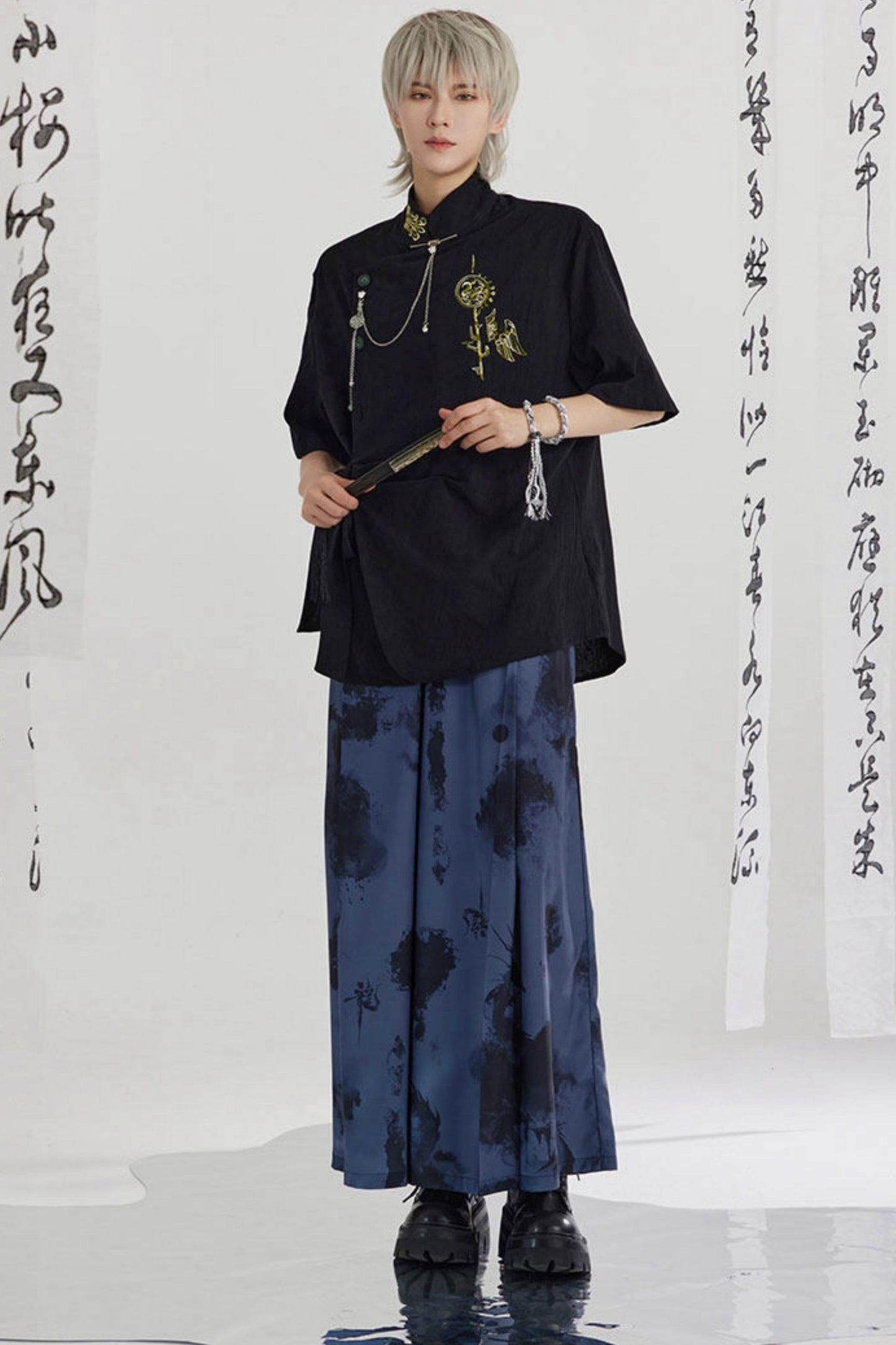 Black and Gold Oriental Ribbon Shirt + Chinese Wide-Leg Pants