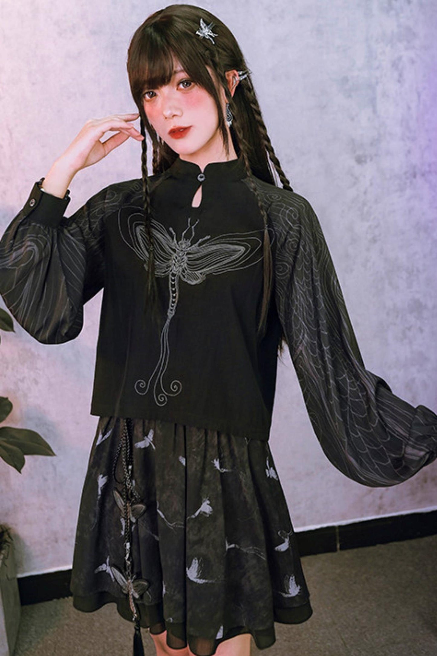 Embroidered Lantern Sleeve Top and Skirt + Top