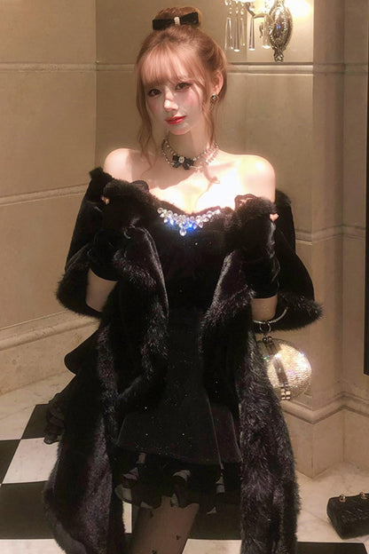 French off-the-shoulder dress + shawl + sleeves