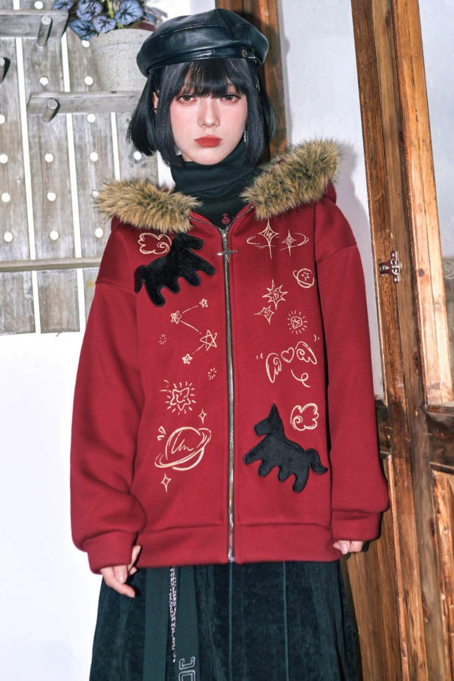 グラフィティファーカラーフーデッドフリースジャケット