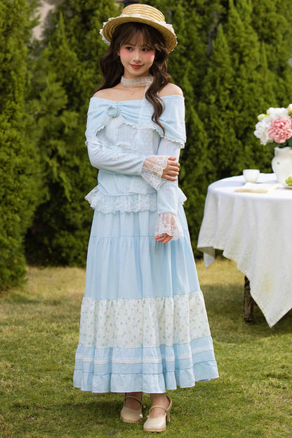 レースパッチワークオフショルダートップス+ロングスカート