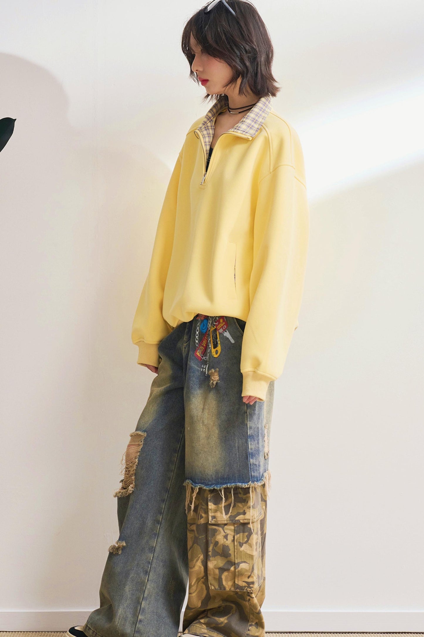 カジュアルハーフジップチェックスウェット