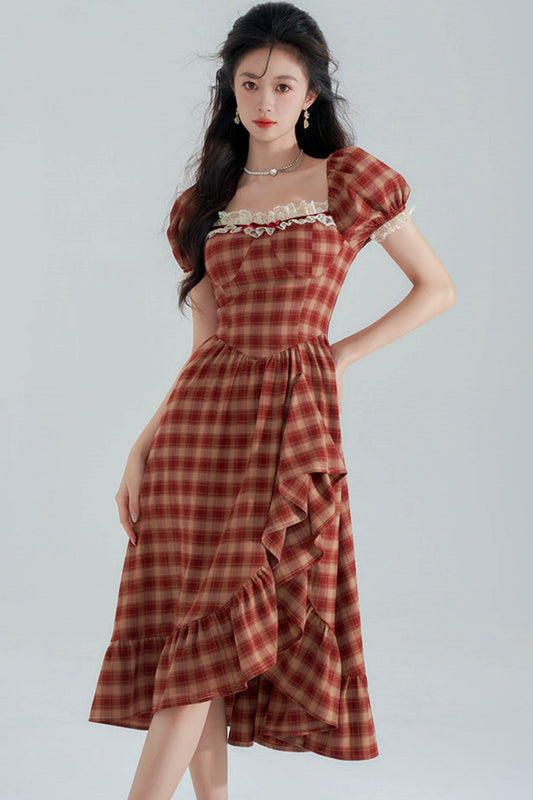 Red Plaid Puff Sleeve Dress