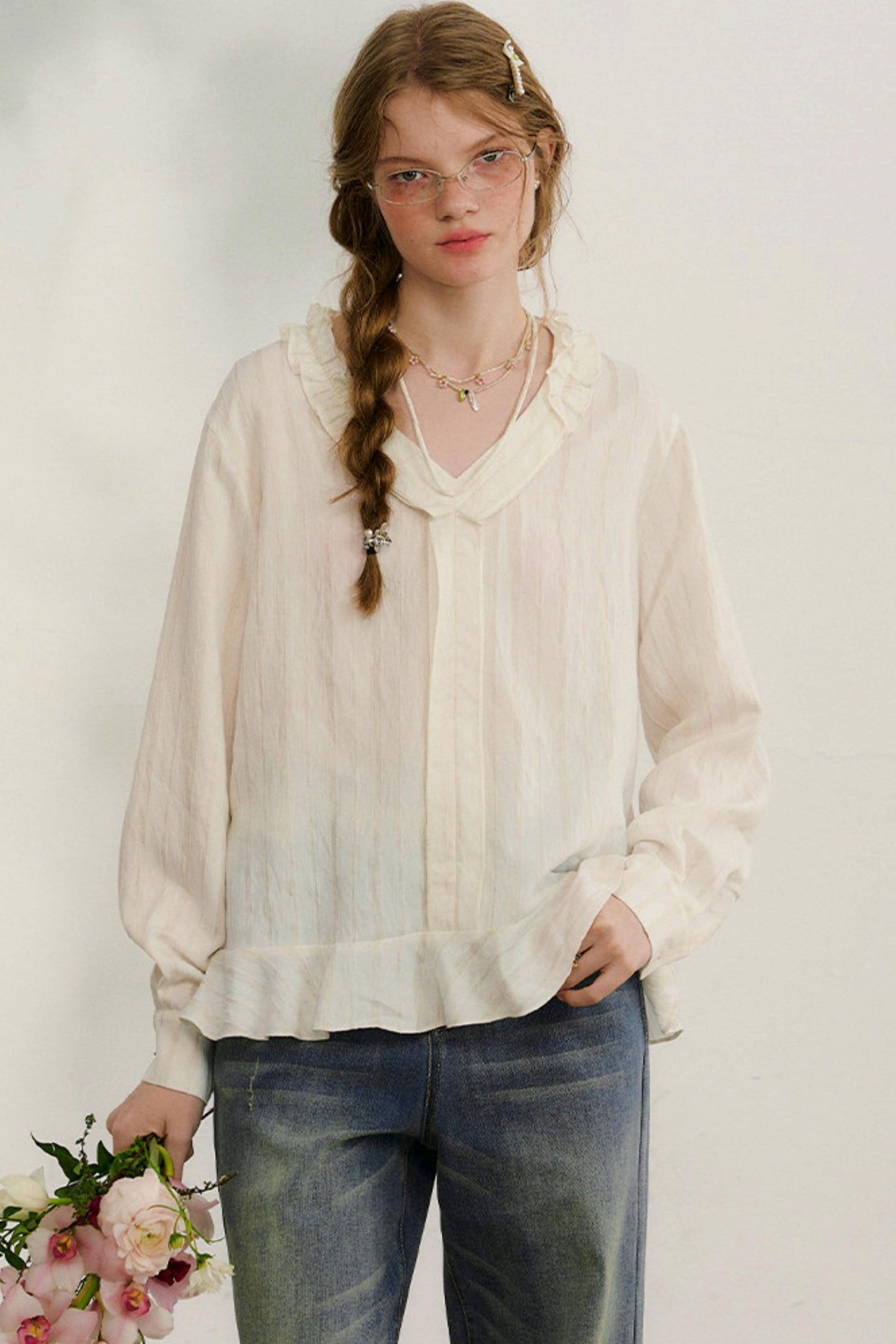 ストライプドレーススリーブブラウス