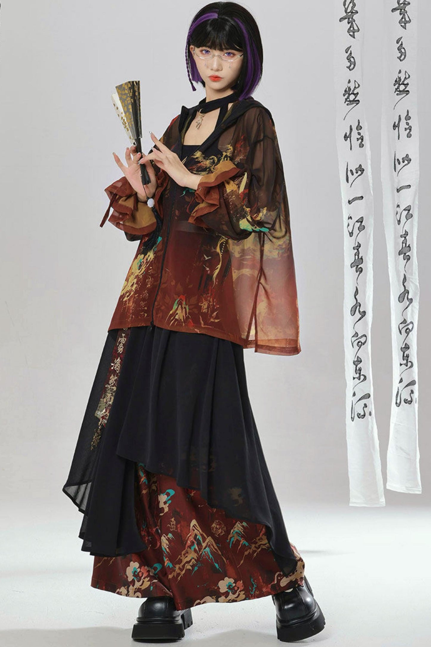 Gold Dragon Embroidered Choker Top (with Cups) + Chinese-Style Wide-Leg Pants