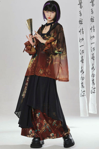 Gold Dragon Embroidered Choker Top (with Cups) + Chinese-Style Wide-Leg Pants