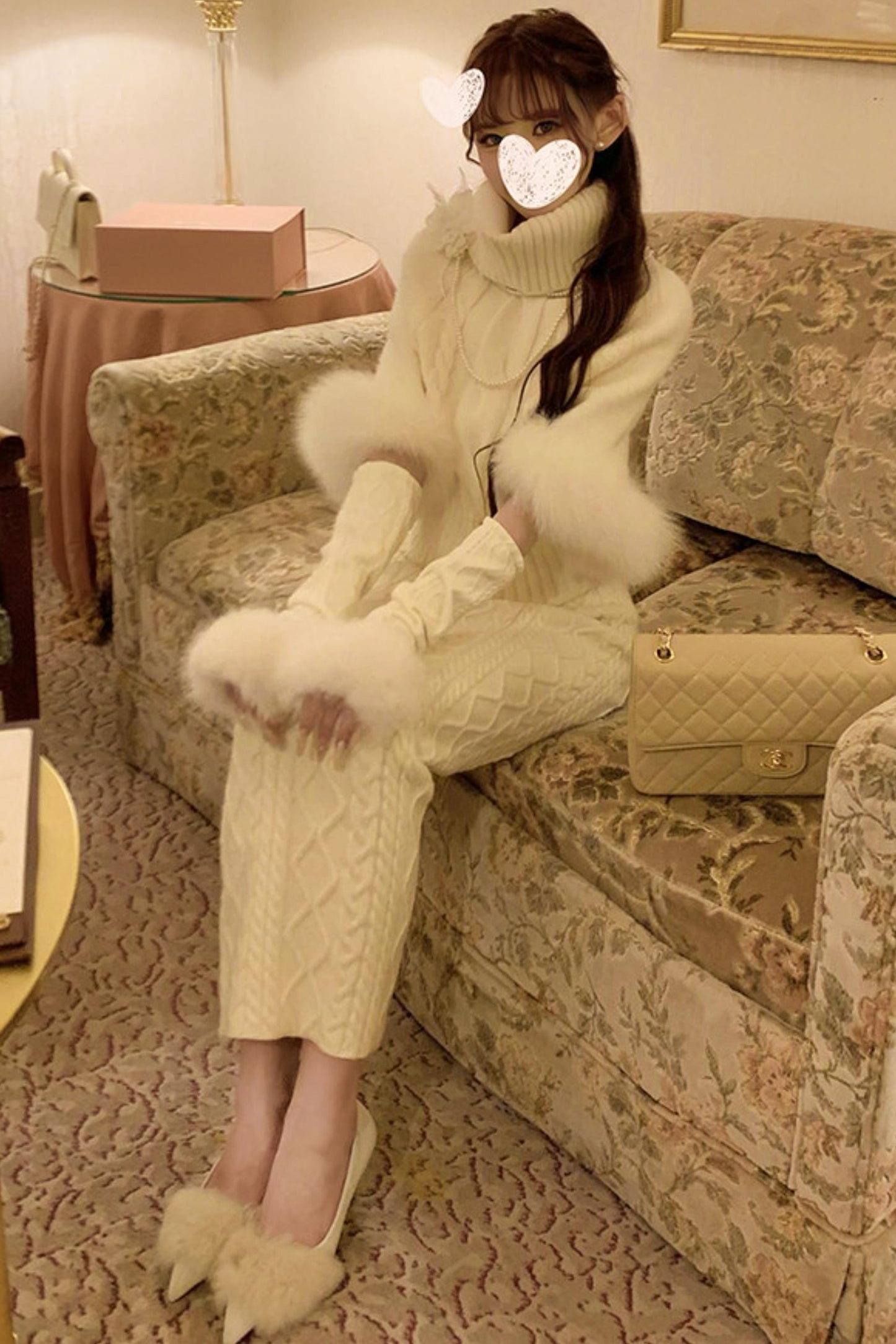 Fox Fur Trim Cape Sweater + Twisted Knit Bodycon Skirt