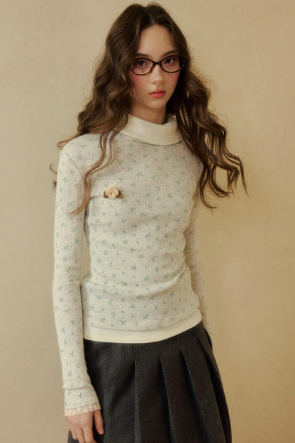 フローラルタイトタートルネックトップス