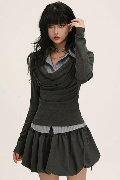 ドレープカウルネックレイヤードシャツ