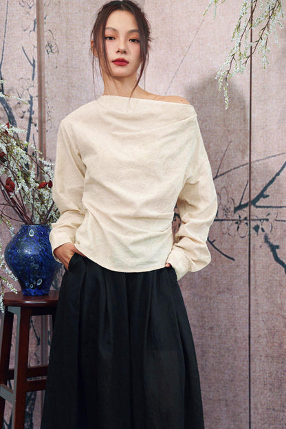 Ensemble élégant haut ample drapé en jacquard blanc cassé + jupe