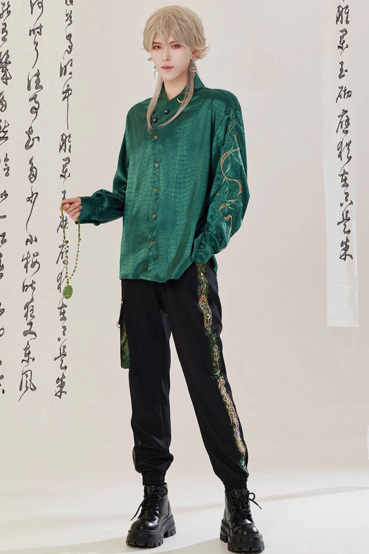 Jade Moon Dragon Embroidered Chinese Shirt + Moon Pocket Pants