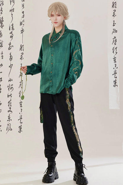 Jade Moon Dragon Embroidered Chinese Shirt + Moon Pocket Pants