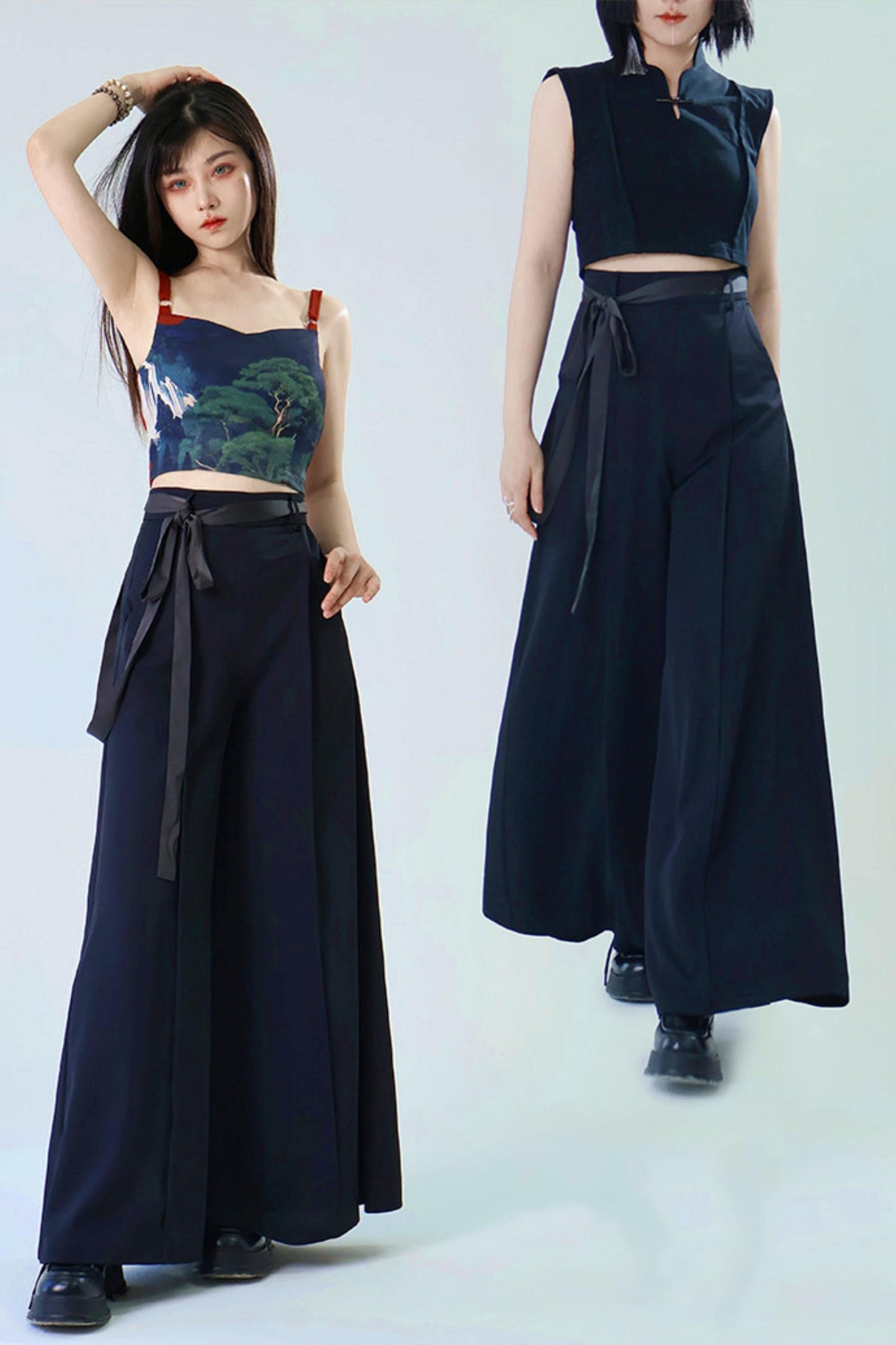 [Pre-order] Black/Beige/Gray Cyber Chinese-Style Wide-Leg Pants