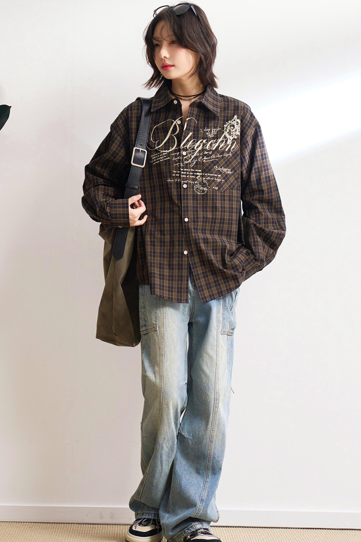 Oversized letter-print check shirt