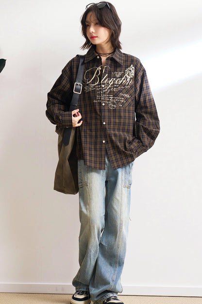 Oversized letter-print check shirt