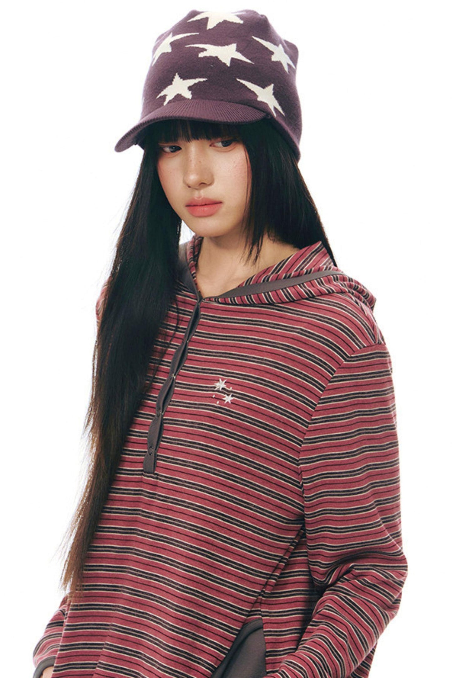 ストライプドフーデッドニットトップス