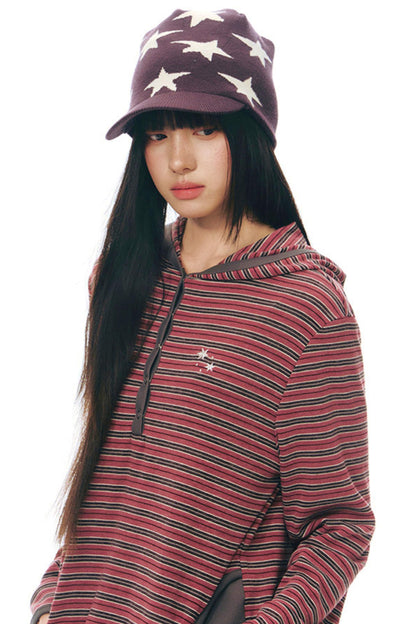 ストライプドフーデッドニットトップス