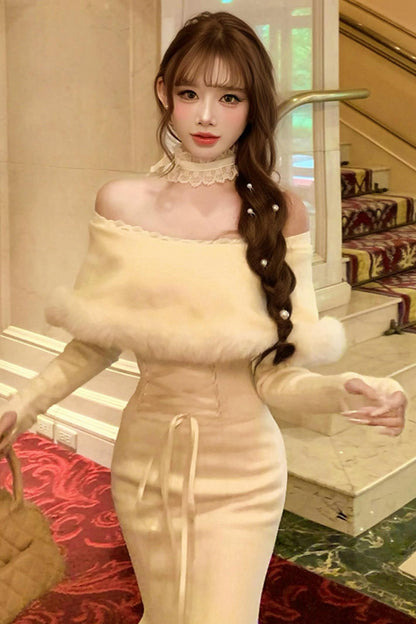 Elegant off-the-shoulder knit + mermaid skirt