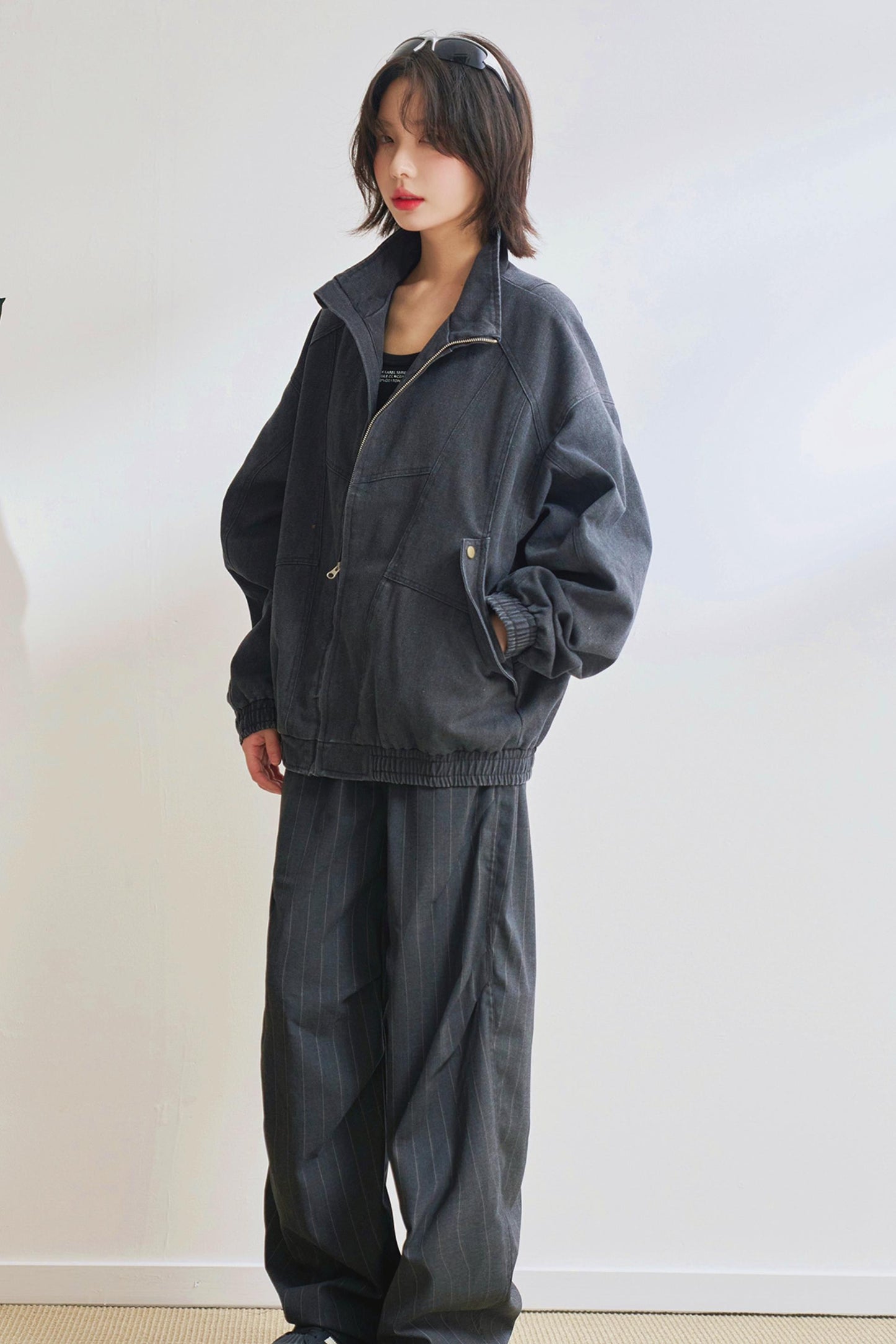 Relaxed fit denim stand up jacket