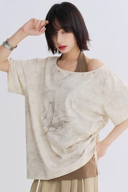 Wide Neck Butterfly Print Tee Shirt