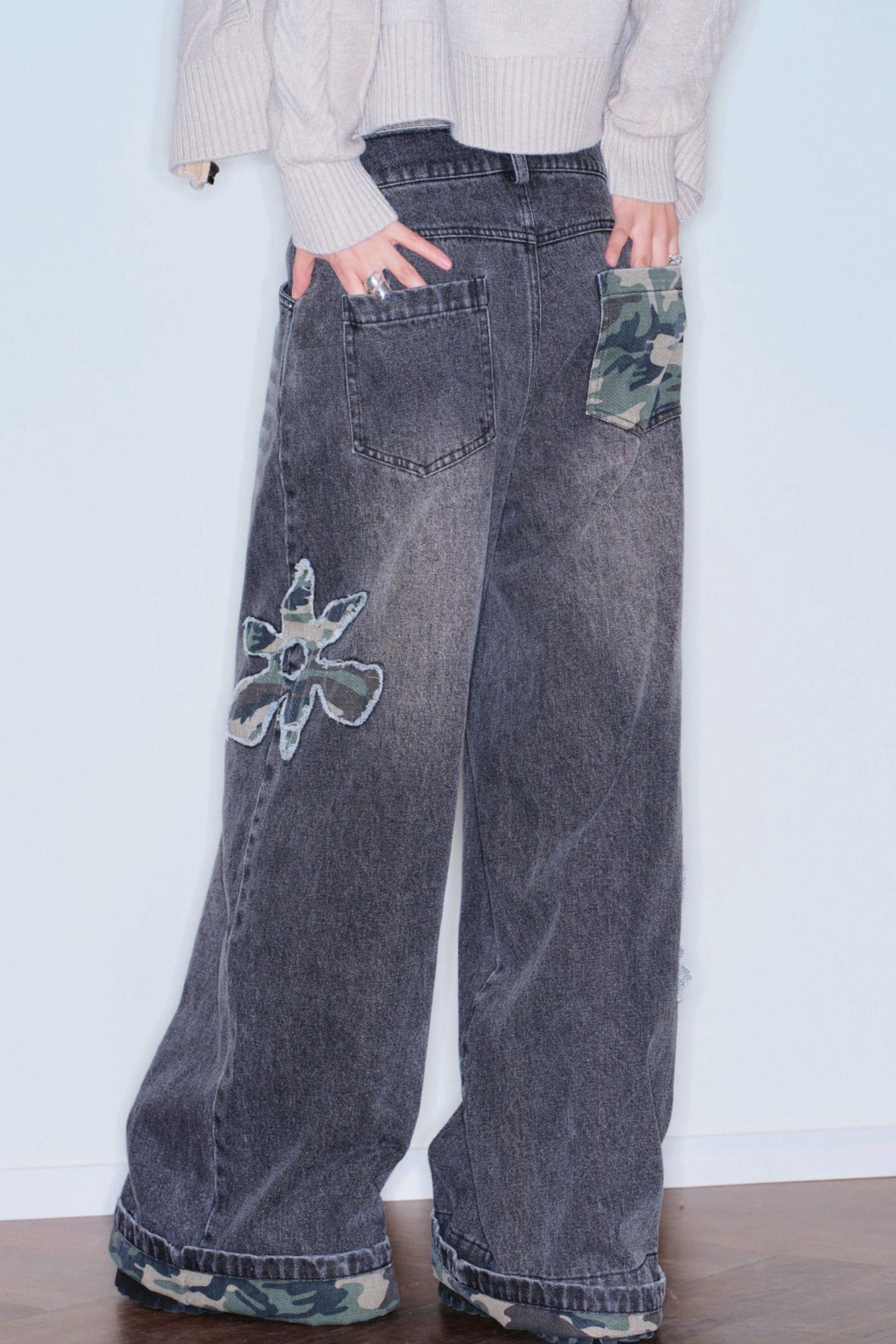 Camouflage Patchwork Embroidered Jeans