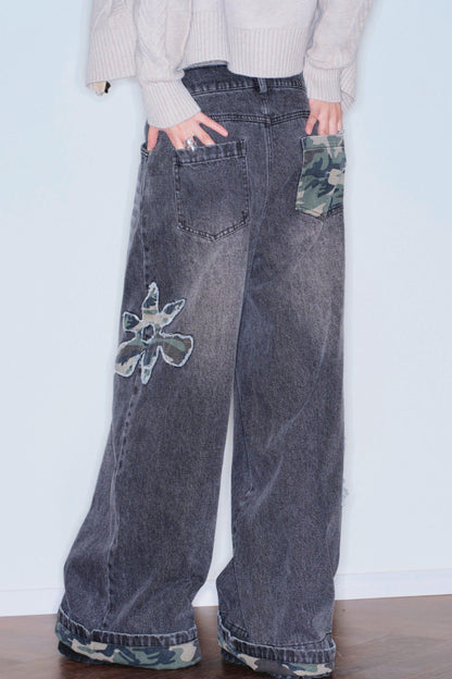 Camouflage Patchwork Embroidered Jeans