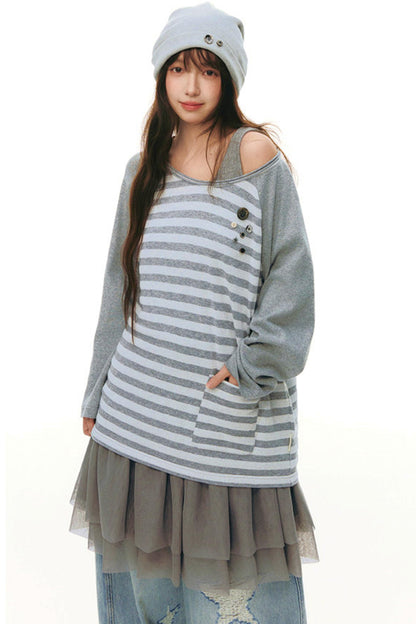 ボタンボーダーオフショルダートップス