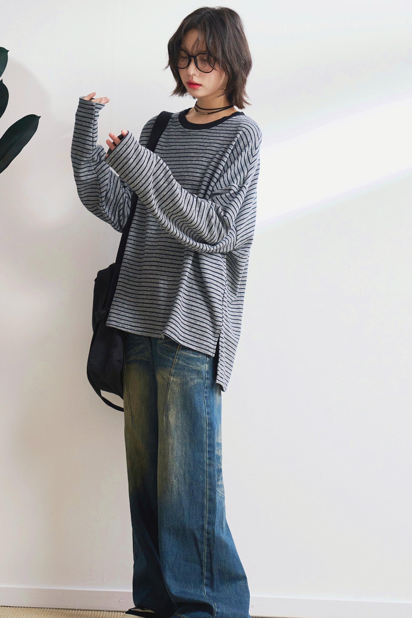 リラックスストライプクルーネックTシャツ