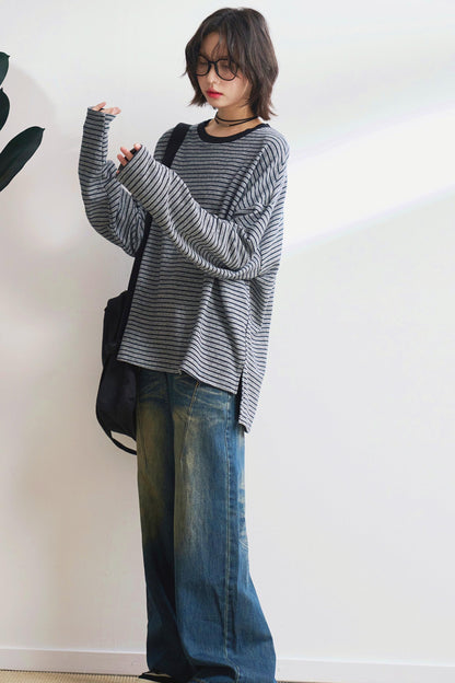 リラックスストライプクルーネックTシャツ