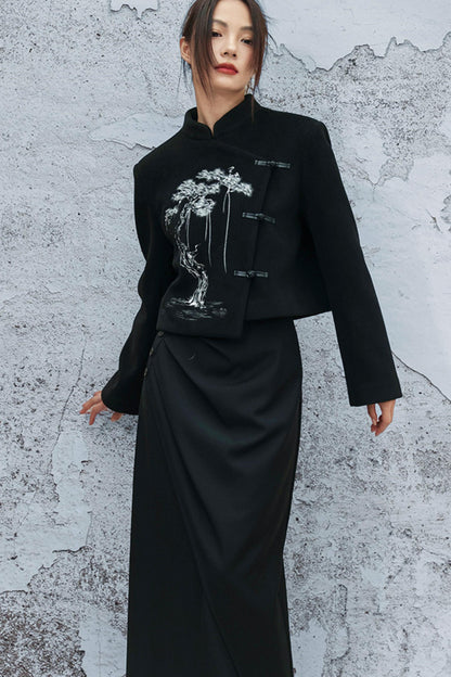 ブラックエンブロイダードウールンコート