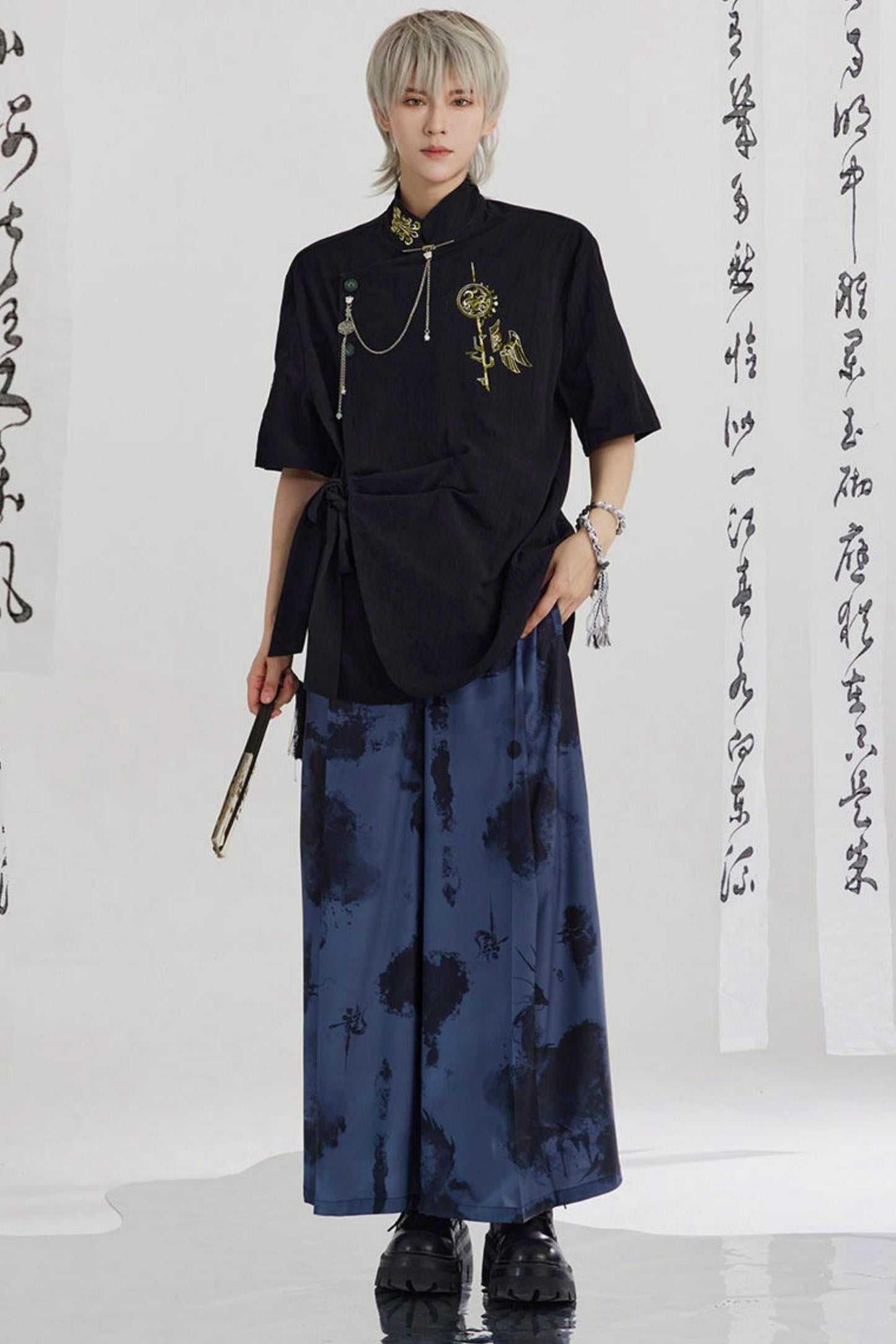 Black and Gold Oriental Ribbon Shirt + Chinese Wide-Leg Pants