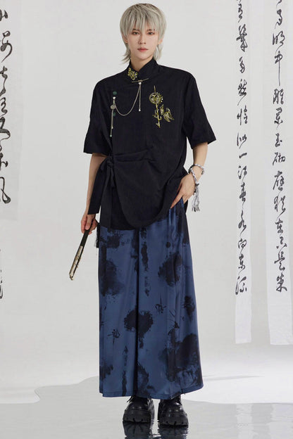 Black and Gold Oriental Ribbon Shirt + Chinese Wide-Leg Pants