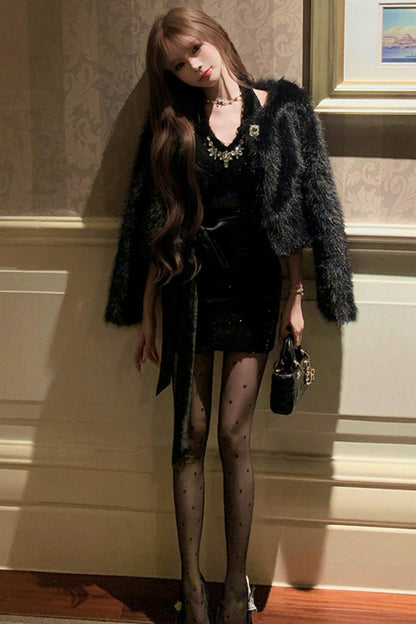 French mode tight dress + fur coat