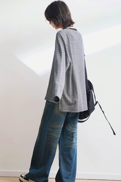 リラックスストライプクルーネックTシャツ