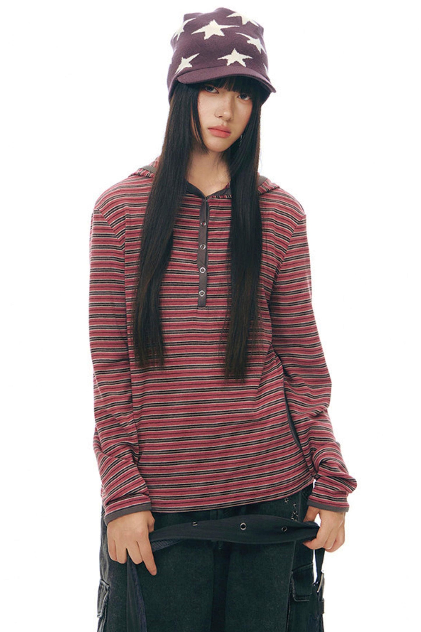 ストライプドフーデッドニットトップス