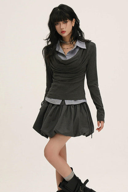 ドレープカウルネックレイヤードシャツ