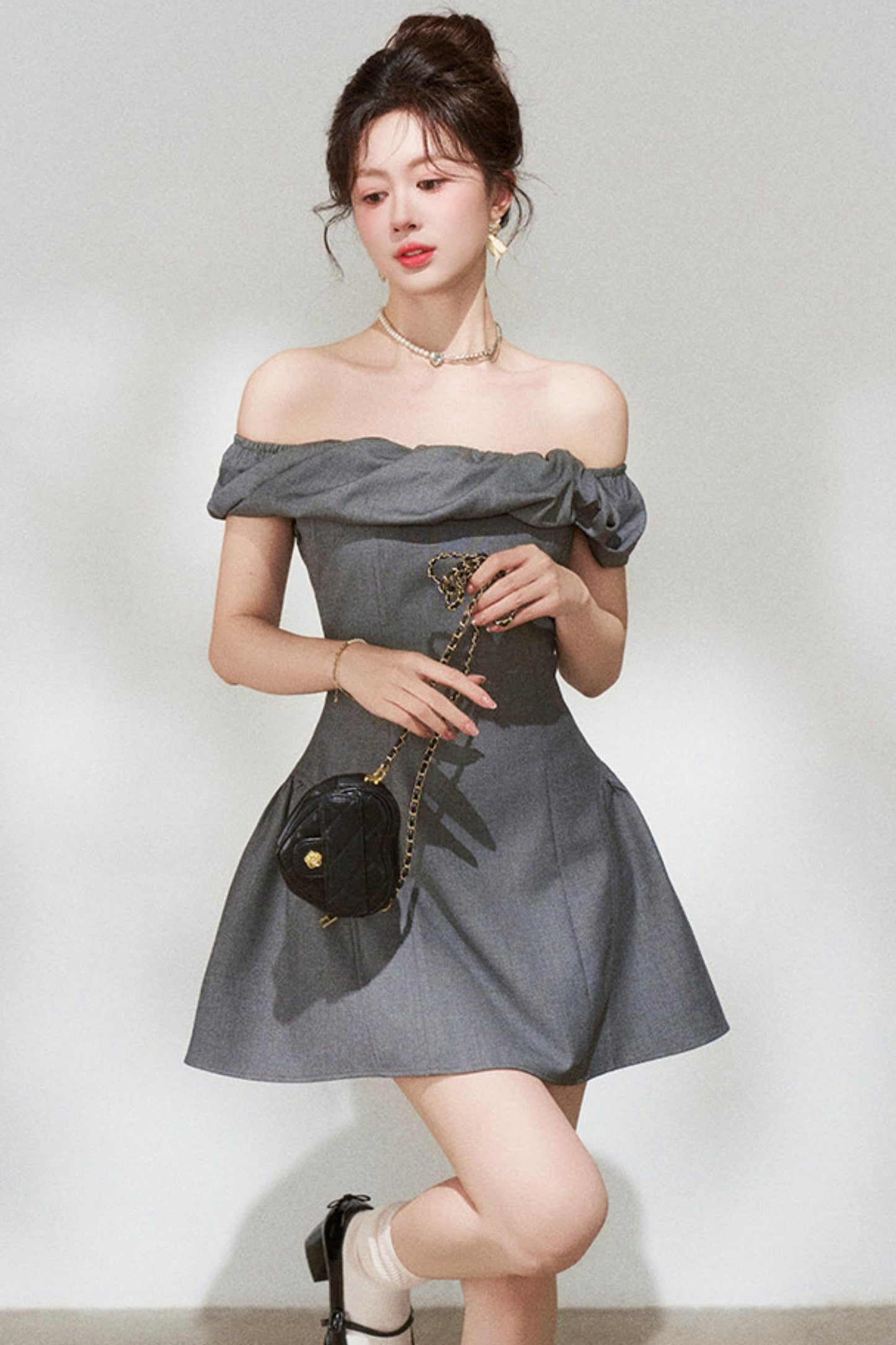 French Gray Off-Shoulder Dress